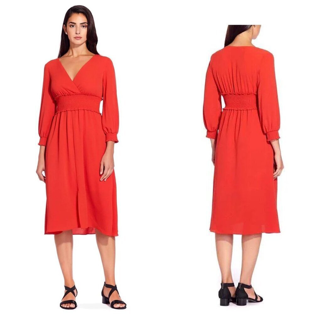 Adrianna Papell V-Neck Long Sleeve Smocked Waist Burnt Orange Dress Size 10
